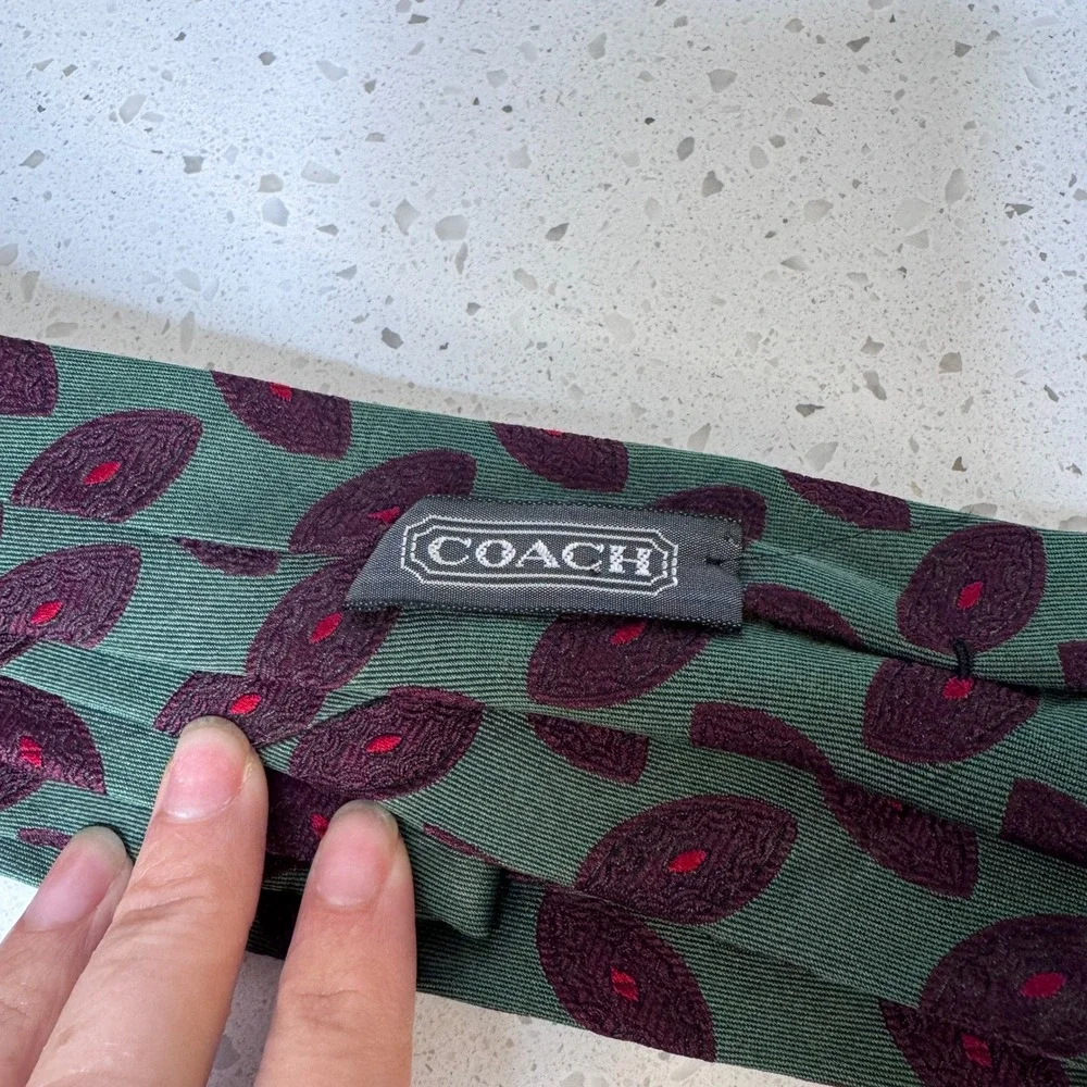 Y2K Coach Mens Silk Tie Green Burgundy Geometric Medallion Handmade in Italy
